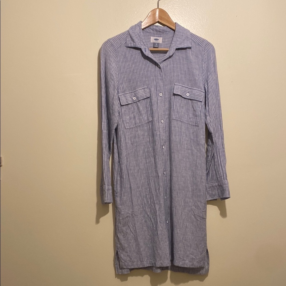 Old Navy linen blend Blue Striped Button-Up Shirt Dress with pockets. Size Xs - Picture 1 of 7
